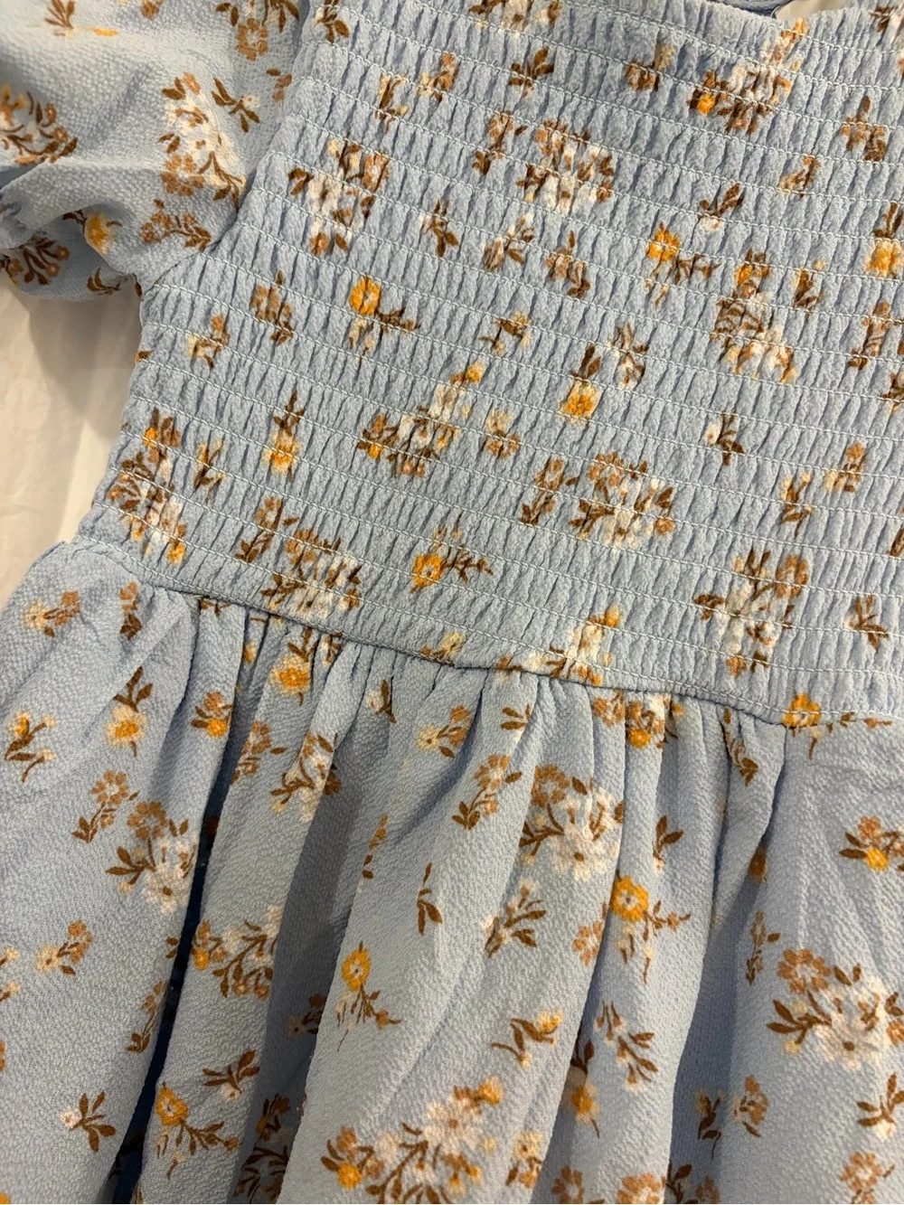 Rare Editions Girls' Light Blue Floral Smocked Puff-Sleeve Dress